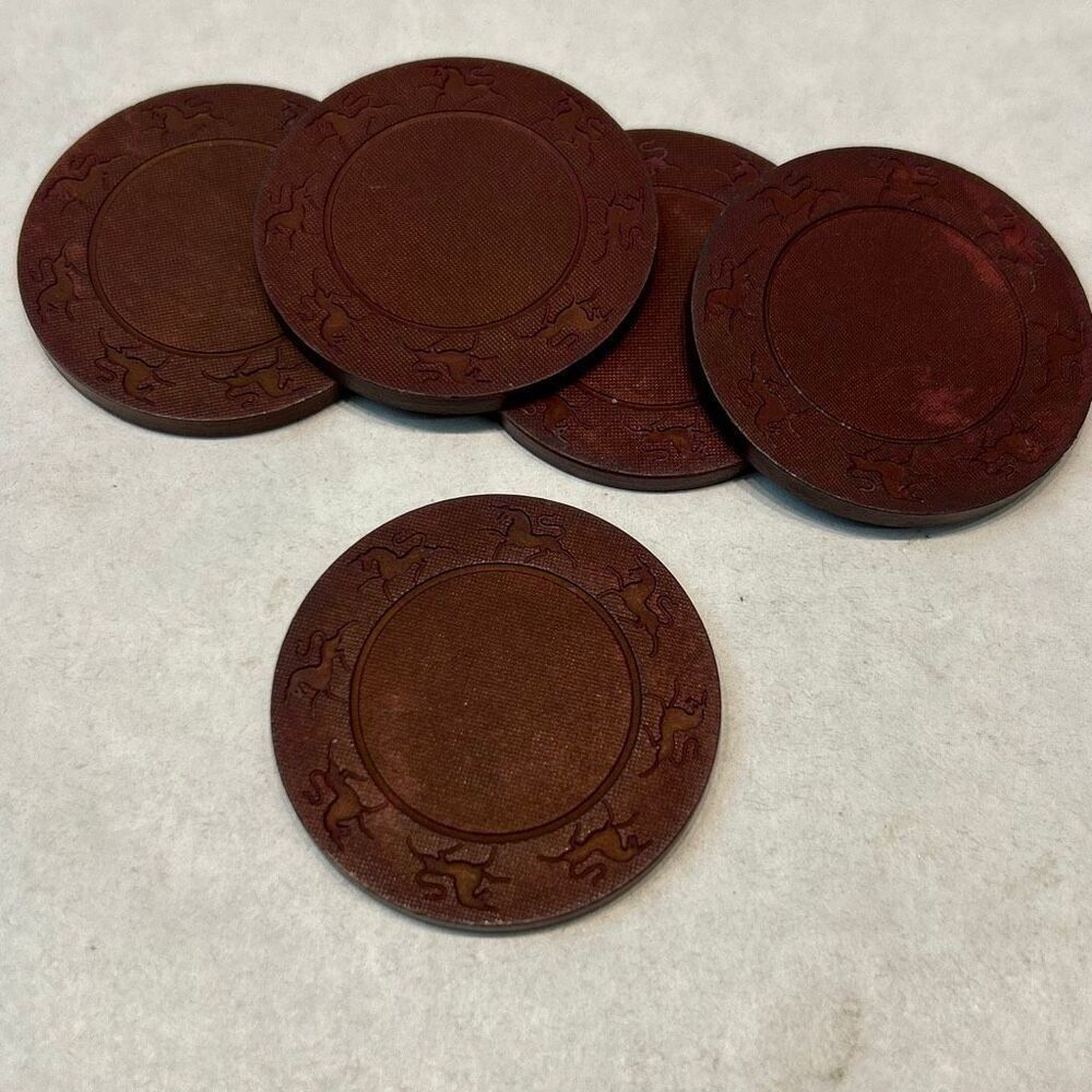 Vtg Poker Chips Lot Set of 5 Stamped Horse Design Dark Red Brown